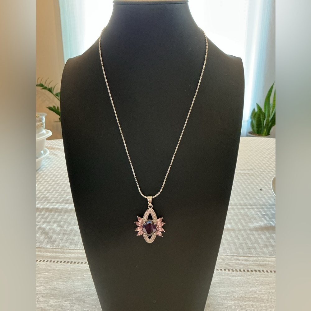 Amethyst and Pink Glass Silver Tone Pendant Necklace